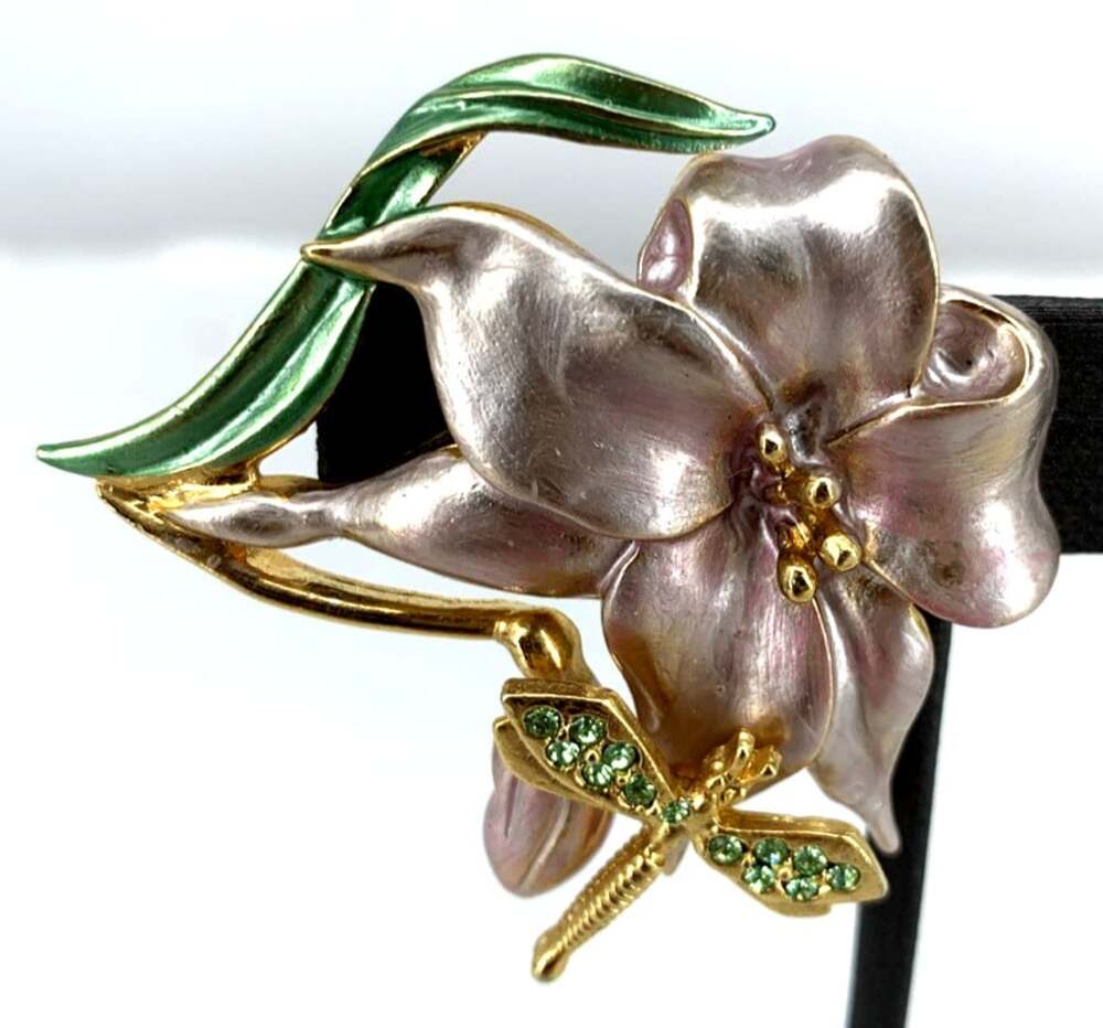 A.S. Brooch Enamel Flower Green Rhinestones Dragonfly 2" Vintage